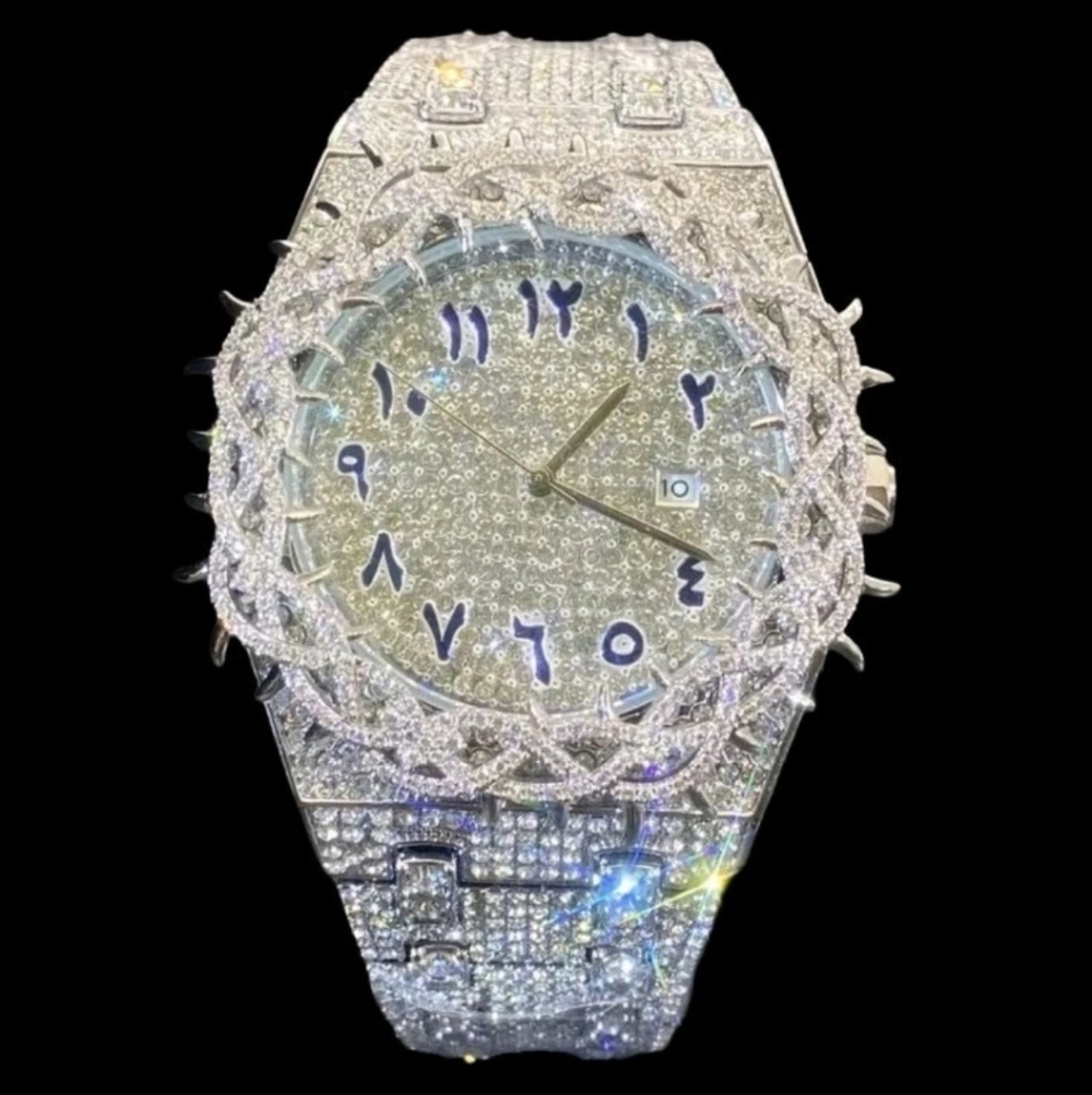 Mens Iced Out Simulated Diamond CZ Thorn Heavy Luxury Quartz Movement Watch